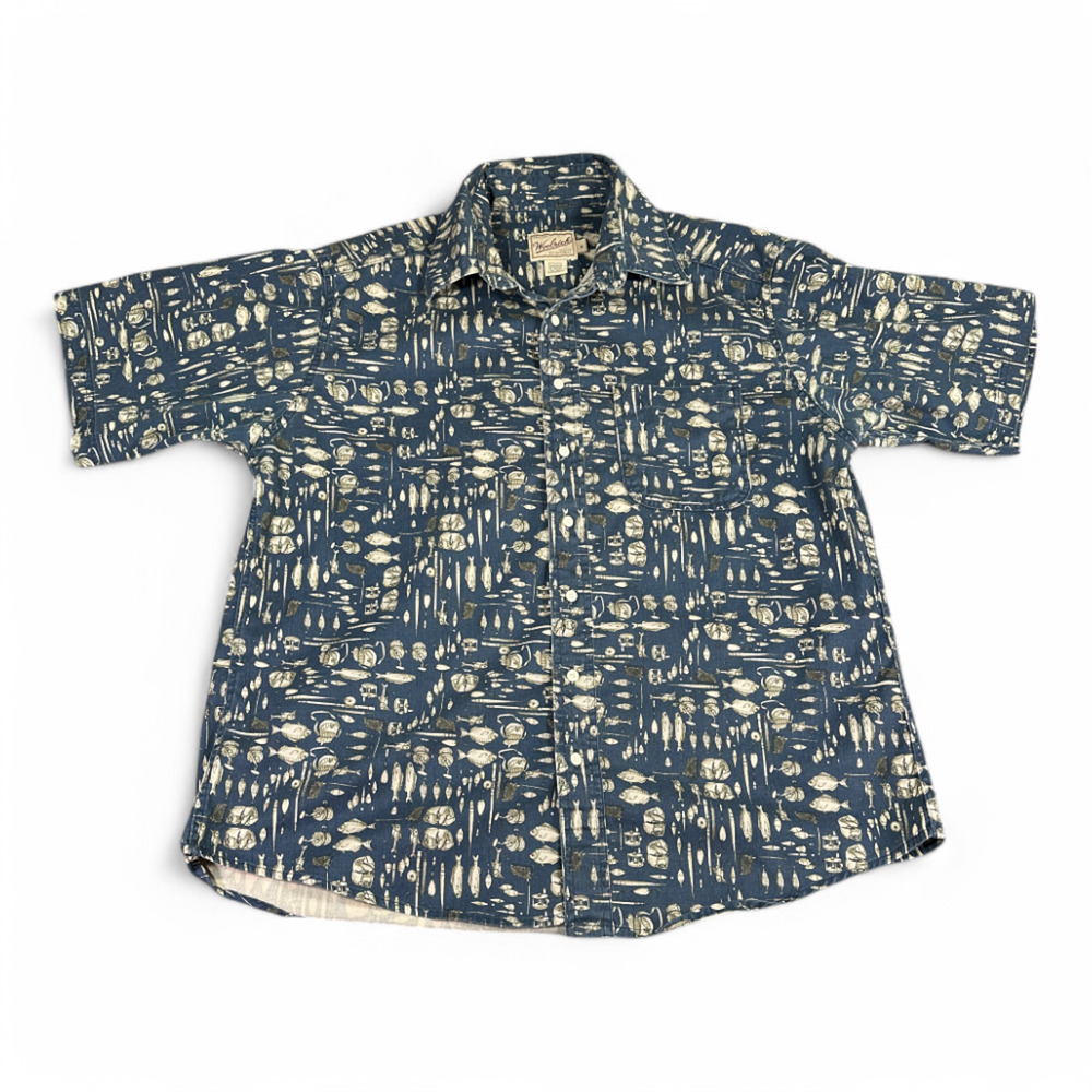 Woolrich Shirt Adult EXTRA LARGE Blue Fishing Tackle Reel Rugged Outdoor Wear